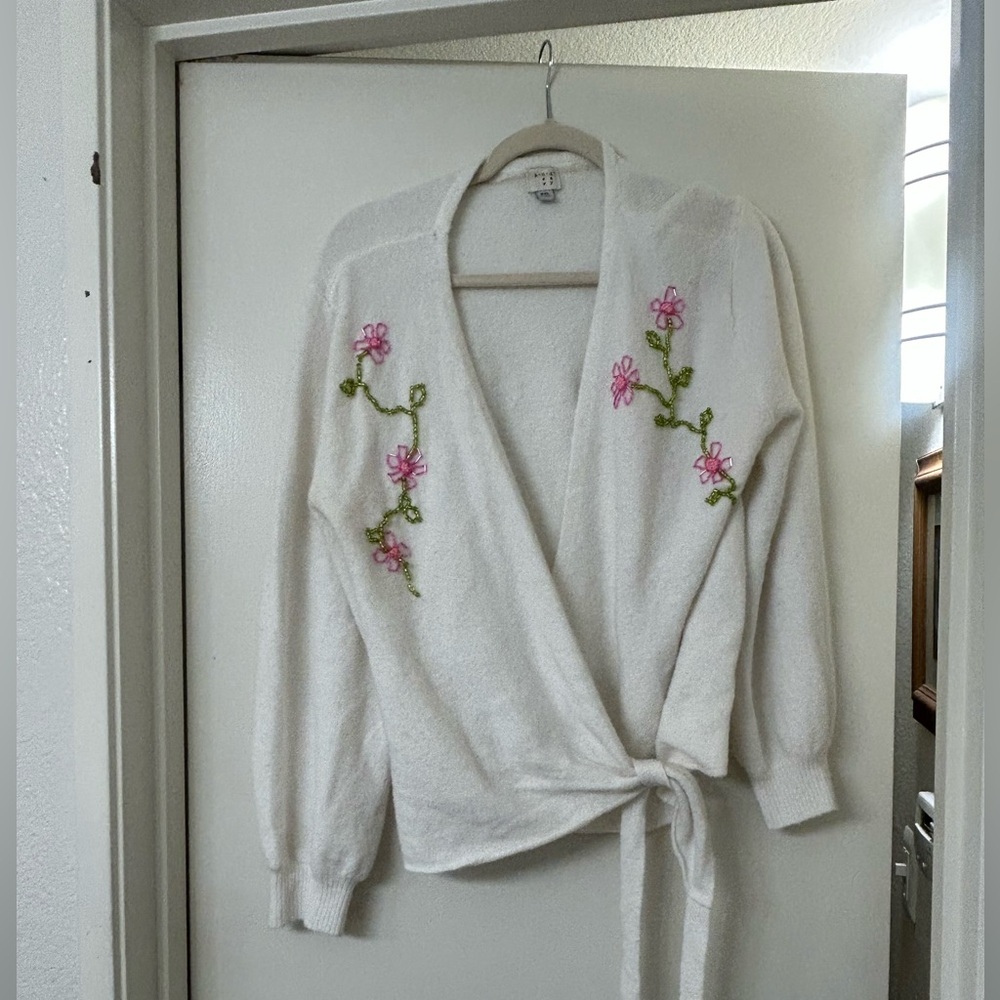 Target White Cardigan with Pink Floral Embroidery